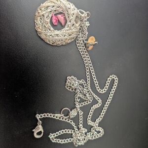 Silver Wire Circle Pendant Necklace with Pink Stone Accent